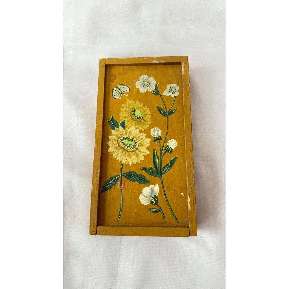 Vintage Silver Tone Salad Server Set Hand Painted Sunflower Wooden Box India